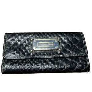 Guess Black Leather Tri Fold Wallet Leather Croc Embossed Tri Fold Wallet